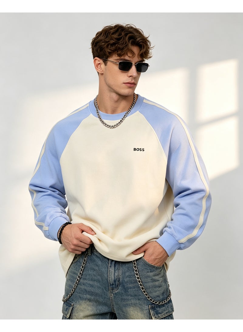 BOSS Unisex Oversized Raglan Sweatshirt Long Sleeve Casual Couple Top Streetwear Daily Wear Cream‑Light‑Blue - Image 1