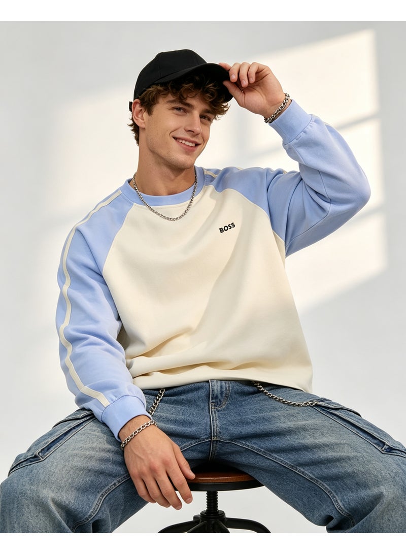 BOSS Unisex Oversized Raglan Sweatshirt Long Sleeve Casual Couple Top Streetwear Daily Wear Cream‑Light‑Blue - Image 2