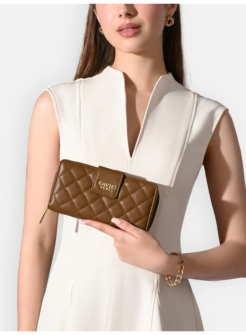 لافي محفظة نسائية فاخرة بسحاب ثنائي الطي مرصعة بالألماس بلون بني