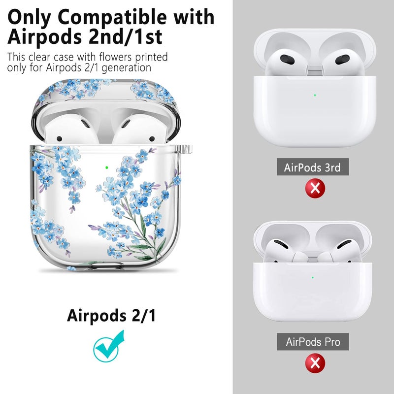 Wonjury Protective Clear Floral Case Cover with Cleaner Kit Portable Shockproof Women Girls with Keychain for Apple Airpods 2/1 Charging Case - Clear/Blue Flower - Image 2
