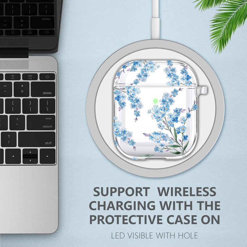 Wonjury Protective Clear Floral Case Cover with Cleaner Kit Portable Shockproof Women Girls with Keychain for Apple Airpods 2/1 Charging Case - Clear/Blue Flower - Image 4