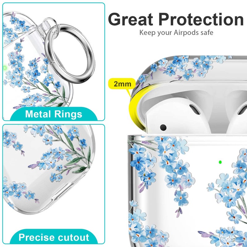 Wonjury Protective Clear Floral Case Cover with Cleaner Kit Portable Shockproof Women Girls with Keychain for Apple Airpods 2/1 Charging Case - Clear/Blue Flower - Image 3