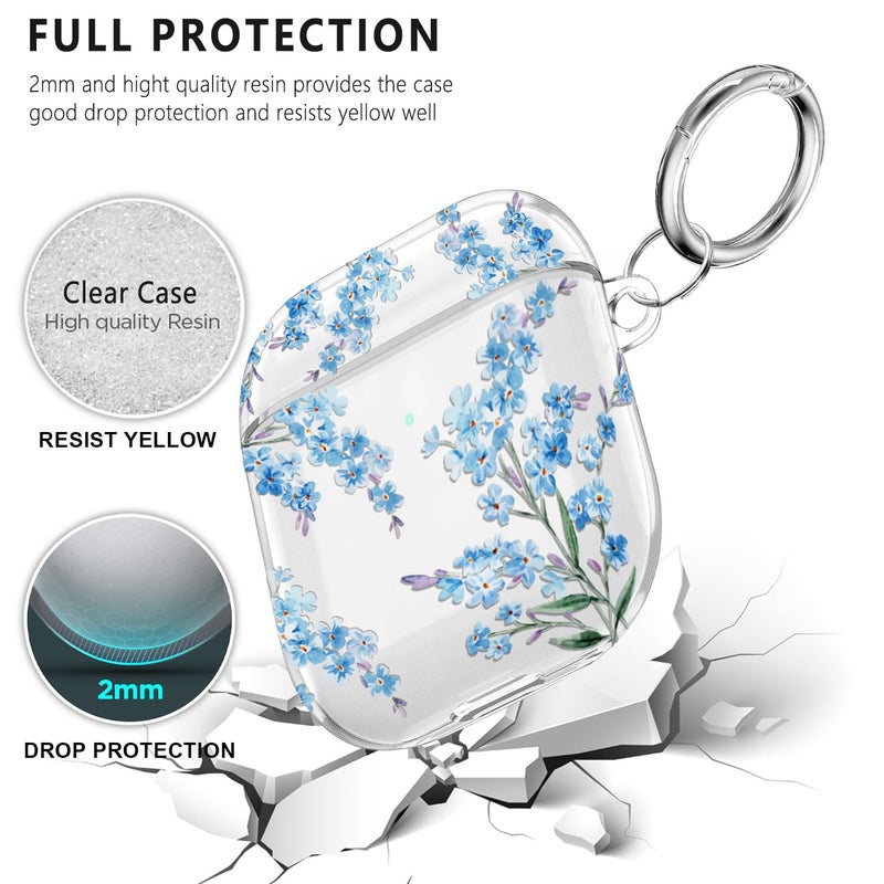 Wonjury Protective Clear Floral Case Cover with Cleaner Kit Portable Shockproof Women Girls with Keychain for Apple Airpods 2/1 Charging Case - Clear/Blue Flower - Image 5