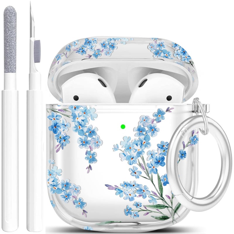 Wonjury Protective Clear Floral Case Cover with Cleaner Kit Portable Shockproof Women Girls with Keychain for Apple Airpods 2/1 Charging Case - Clear/Blue Flower - Image 1