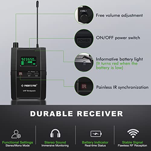 Phenyx Pro PTM-10 Stereo Wireless in Ear Monitor System Bodypack Receiver, Performance with 89 Adjustable Frequencies - Image 3
