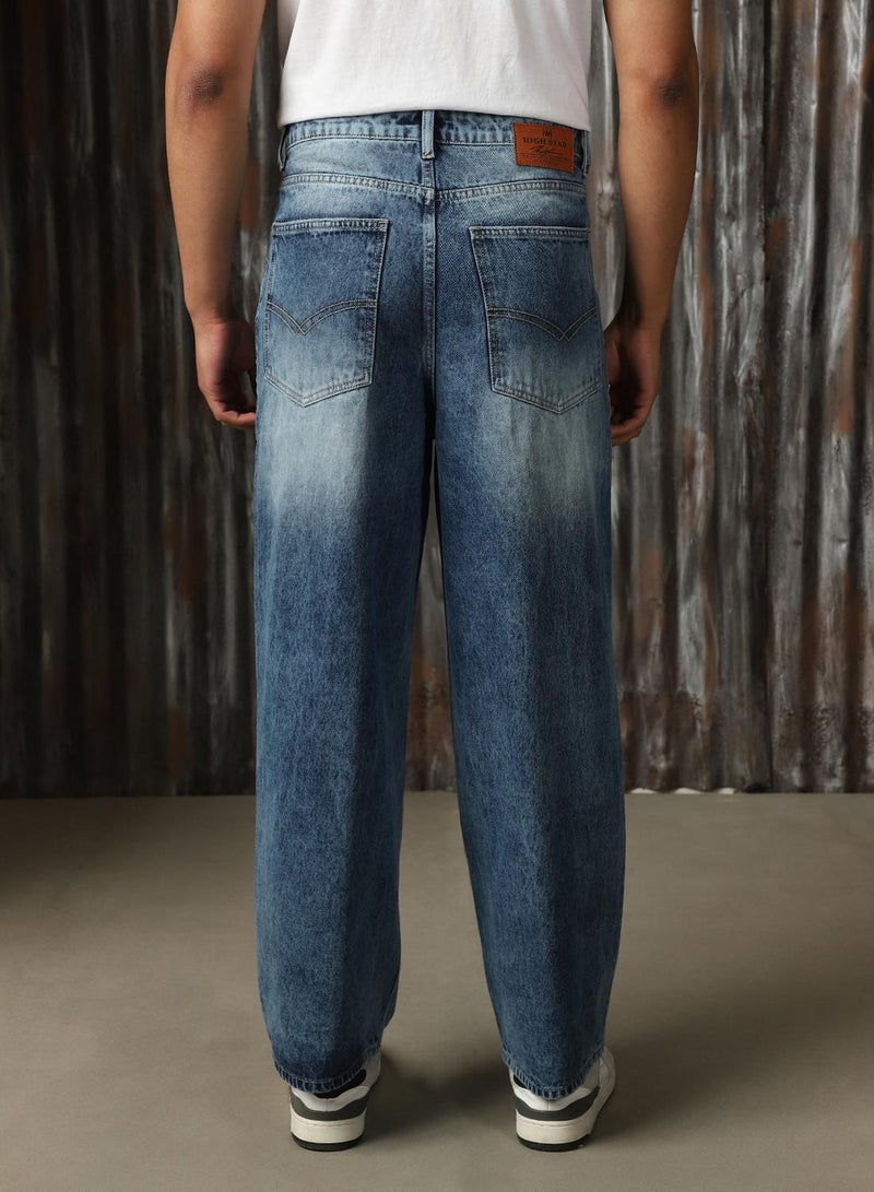 HIGH STAR Men's Indigo 100% Cotton Distressed Full Length Loose Fit Jeans  - Image 3