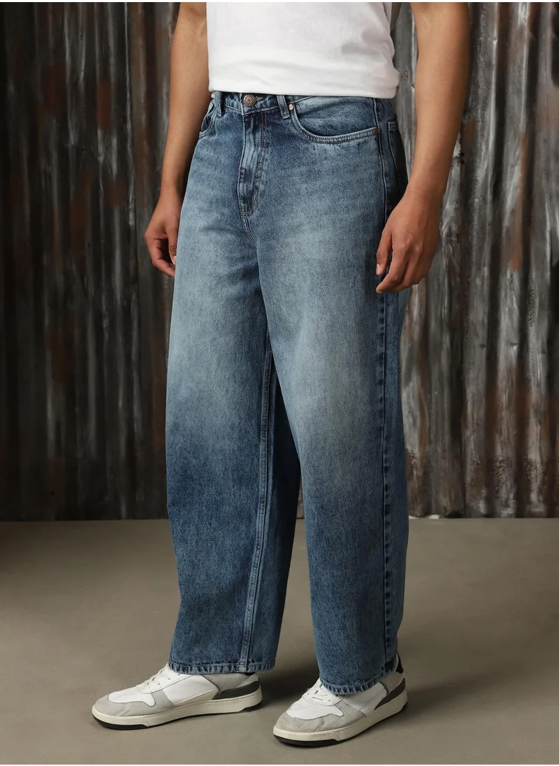 HIGH STAR Men's Indigo 100% Cotton Distressed Full Length Loose Fit Jeans