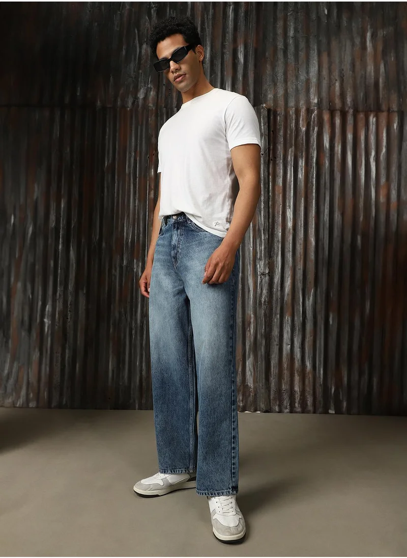HIGH STAR Men's Indigo 100% Cotton Distressed Full Length Loose Fit Jeans