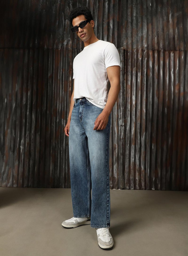 HIGH STAR Men's Indigo 100% Cotton Distressed Full Length Loose Fit Jeans  - Image 1