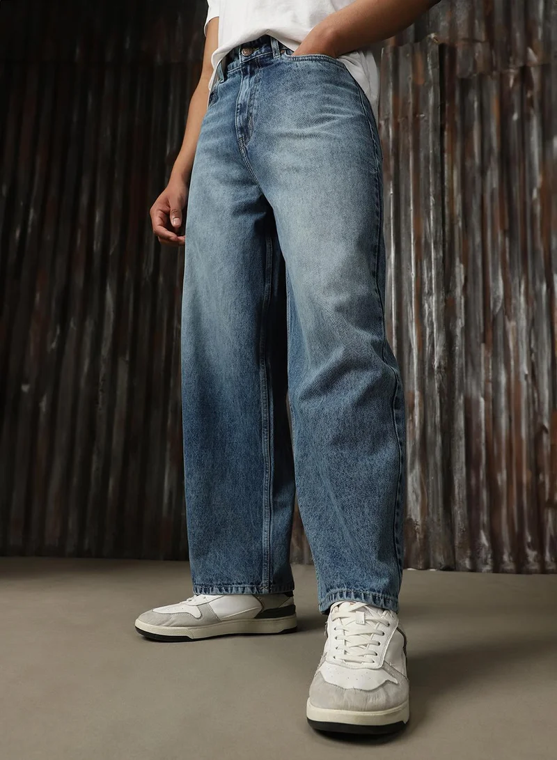 HIGH STAR Men's Indigo 100% Cotton Distressed Full Length Loose Fit Jeans