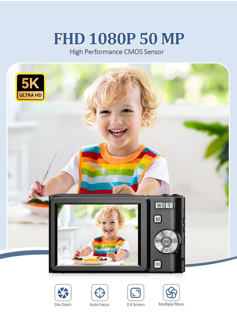 Jourvent - 5K Digital Camera, 50MP Camera Digital for Photography, Point and Shoot Camara Vlogging Camera with 64GB SD Card, 16X Digital Cameras for YouTube with 2.4" 180° Flip Screen, Wide Angle & Macro Lens, Anti-Shake Compact Travel Camera for Beginner Gift - Image 1