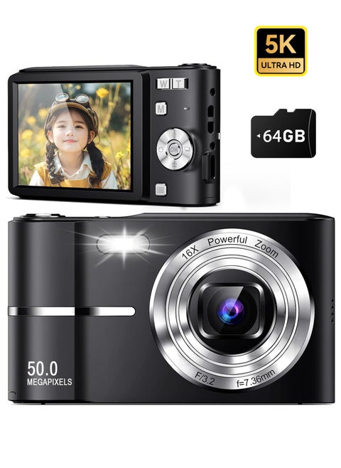 5K Digital Camera, 50MP Camera Digital for Photography, Point and Shoot Camara Vlogging Camera with 64GB SD Card, 16X Digital Cameras for YouTube with 2.4" 180° Flip Screen, Wide Angle & Macro Lens, Anti-Shake Compact Travel Camera for Beginner Gift
