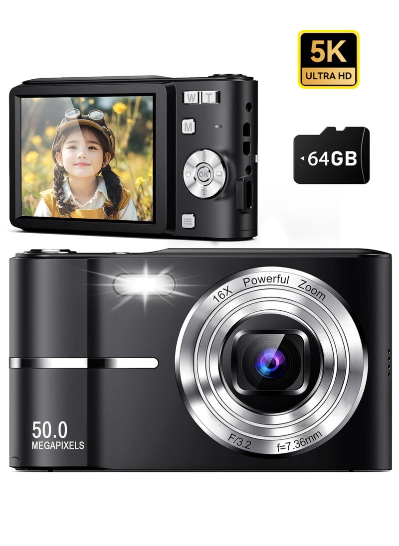 Jourvent - 5K Digital Camera, 50MP Camera Digital for Photography, Point and Shoot Camara Vlogging Camera with 64GB SD Card, 16X Digital Cameras for YouTube with 2.4" 180° Flip Screen, Wide Angle & Macro Lens, Anti-Shake Compact Travel Camera for Beginner Gift - Image 1