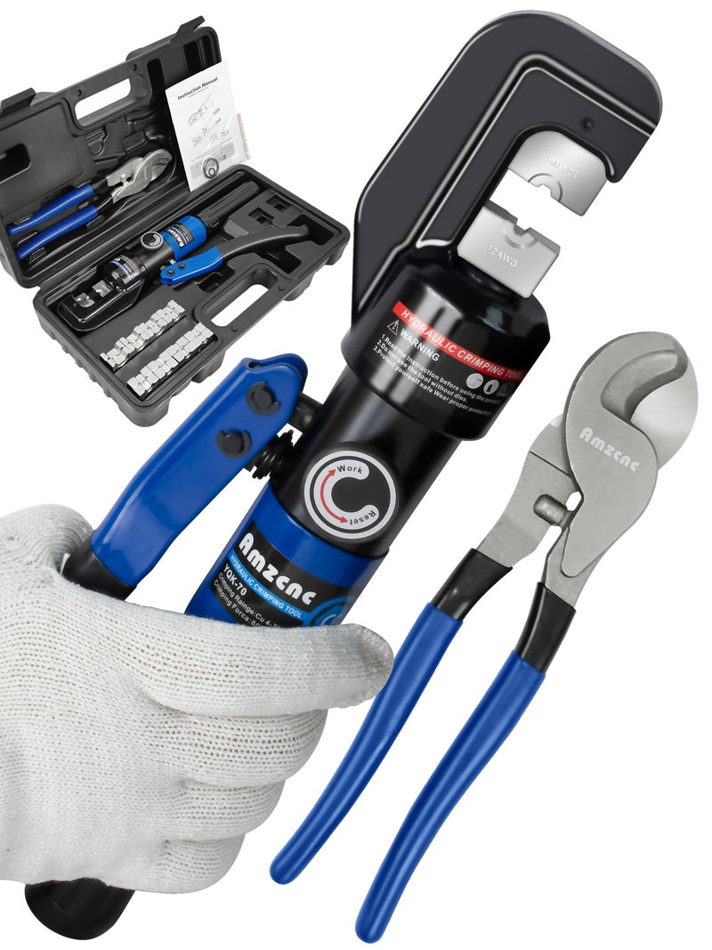 AMZCNC Hydraulic Crimping Tool and Cable Cutter Hydraulic Cable Lug Crimper 8 US TON 12 AWG to 00 20 Electrical Terminal Cable Wire Tool Kit with 9 Die