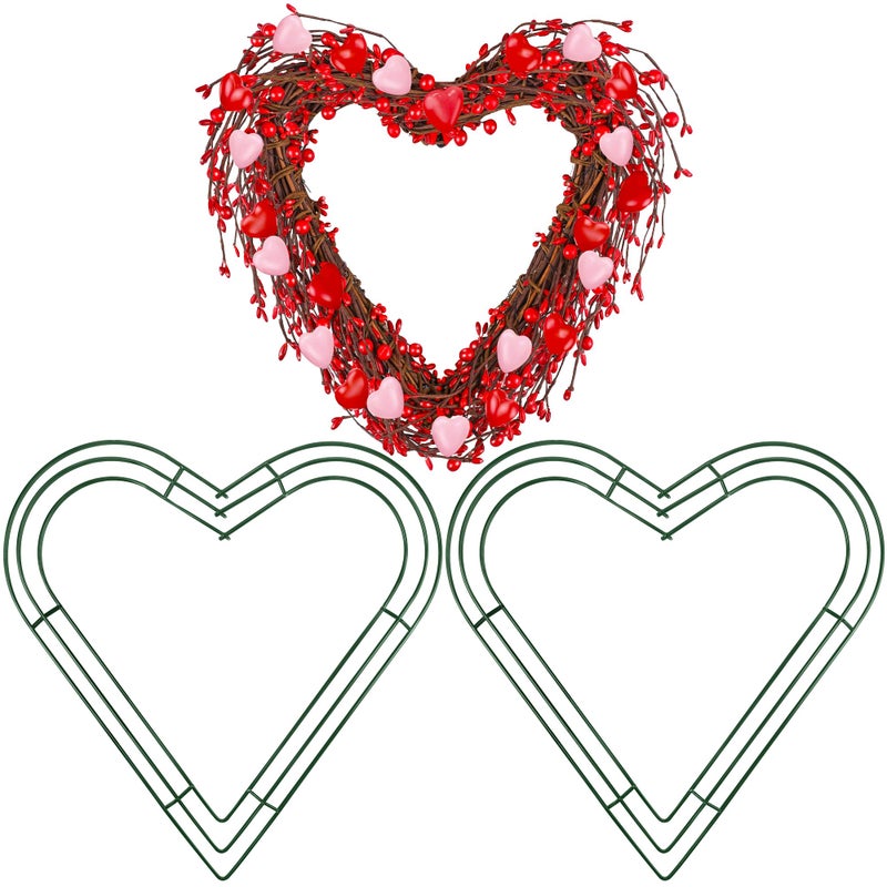 Aodaer 2 Pack 14 Inch Heart Wire Wreath Frame Heart Metal Wreath Garland Green Wire Flower Wreath for Valentine's Day, Wedding Party, Home Ceremony Decoration - Image 1
