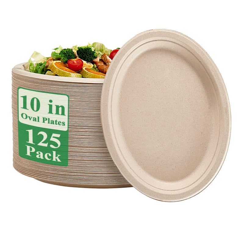 Vplus 100 Compostable Oval Paper Plates 10 inch 125 Pack Super Strong Disposable Paper Plates Bagasse Natural Biodegradable EcoFriendly Sugarcane for BBQ Party Gathering and Picnic