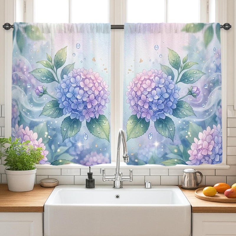 Hydrangea Kitchen Curtains, Floral Watercolor Leaf Bubble Spring Violet Light Filtering Kitchen Curtains for Window Over Sink 28x39 Inch - Image 2