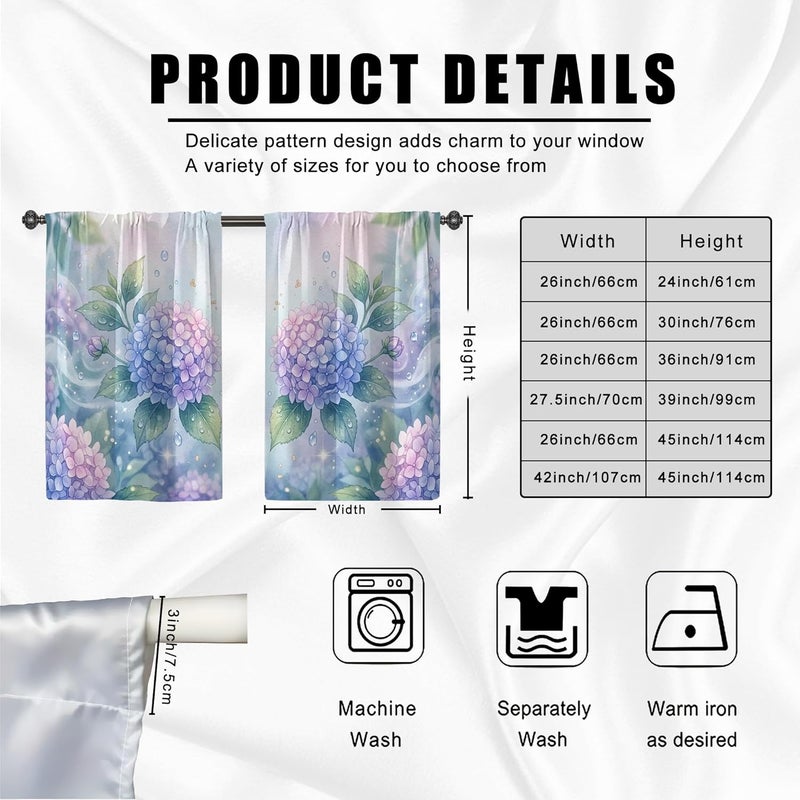 Hydrangea Kitchen Curtains, Floral Watercolor Leaf Bubble Spring Violet Light Filtering Kitchen Curtains for Window Over Sink 28x39 Inch - Image 3
