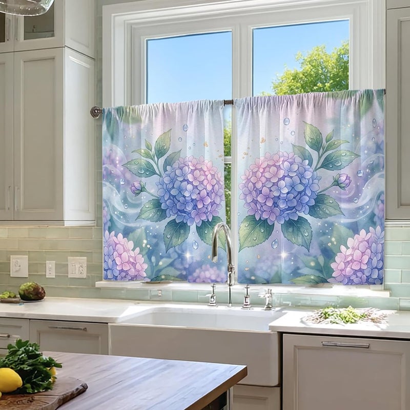 Hydrangea Kitchen Curtains, Floral Watercolor Leaf Bubble Spring Violet Light Filtering Kitchen Curtains for Window Over Sink 28x39 Inch - Image 4
