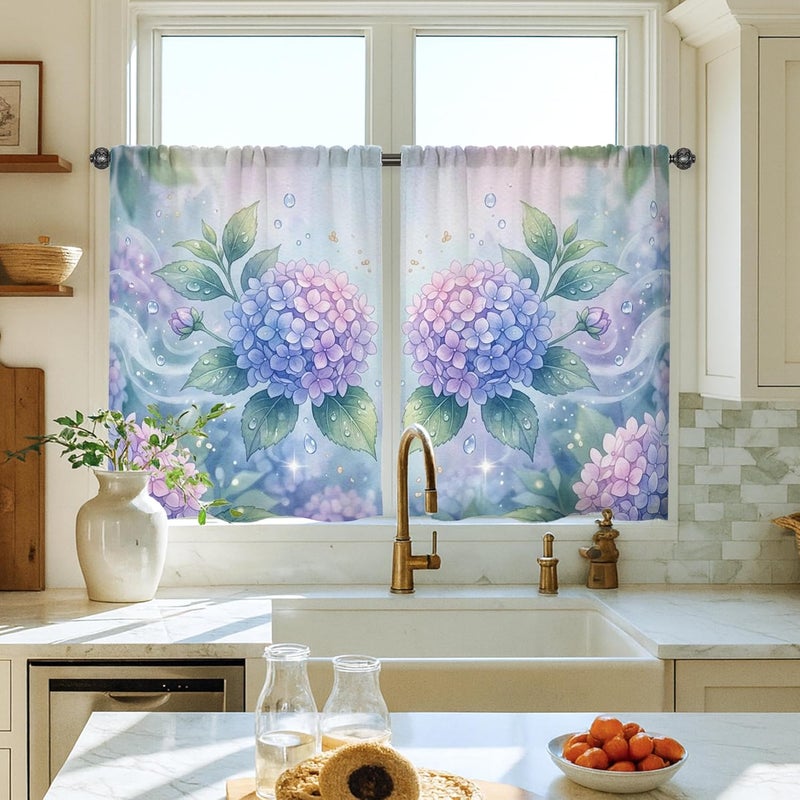 Hydrangea Kitchen Curtains, Floral Watercolor Leaf Bubble Spring Violet Light Filtering Kitchen Curtains for Window Over Sink 28x39 Inch - Image 1