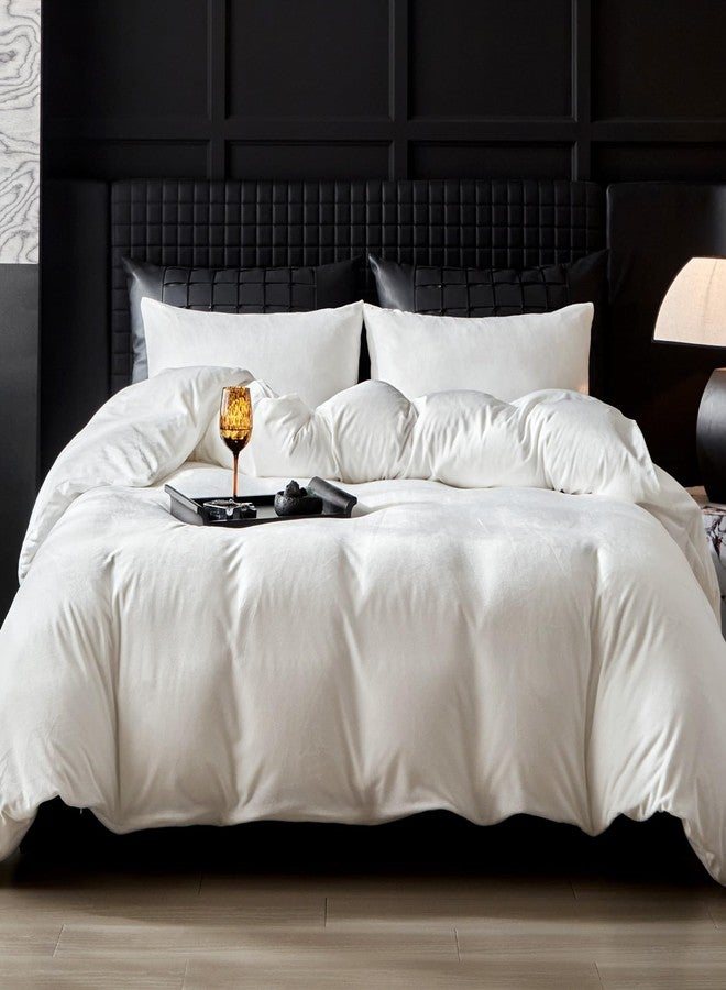 WARMDERN White Flannel Velvet Duvet Cover Queen Size Duvet Cover Bedding Sets, 3pcs Ultra Soft Luxury Textured Modern Crystal Velvet Duvet Covers with Zipper Closure(White, Queen) - Image 1