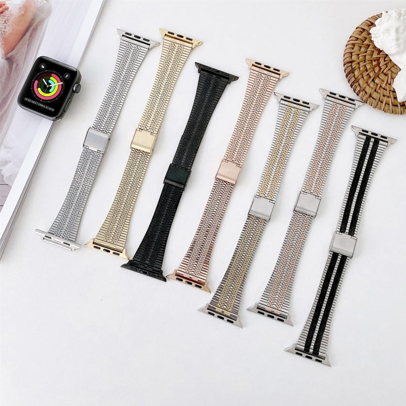 Double Lines Steel Watch Band For Apple Watch Series 9&8&7 41mm / SE 3&SE 2&6&SE&5&4 40mm / 3&2&1 38mm(Silver)