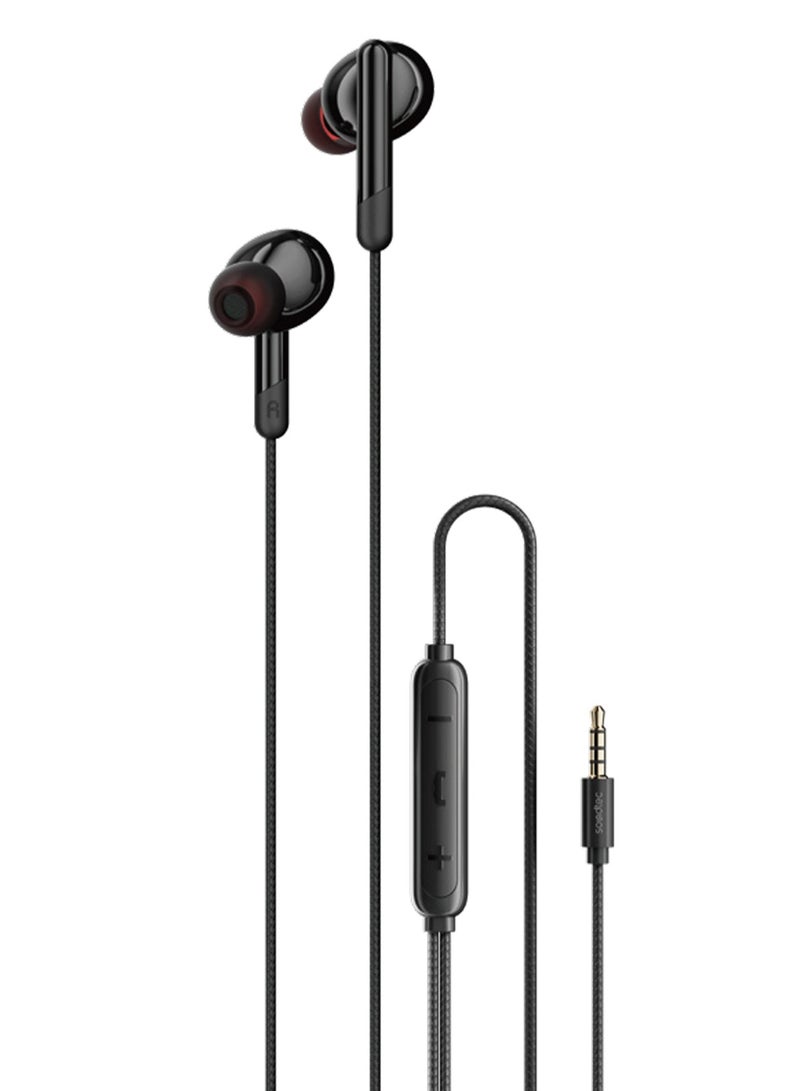 porodo Soundtec Stereo Bass 3.5mm Aux Jack Wired Earphones with 3-Button Control and Powerful Bass / Music & Calls / Compatible with Laptop, Tablet, Mobile, Gaming Device / Handsfree Calling / Wired Headphones - Black