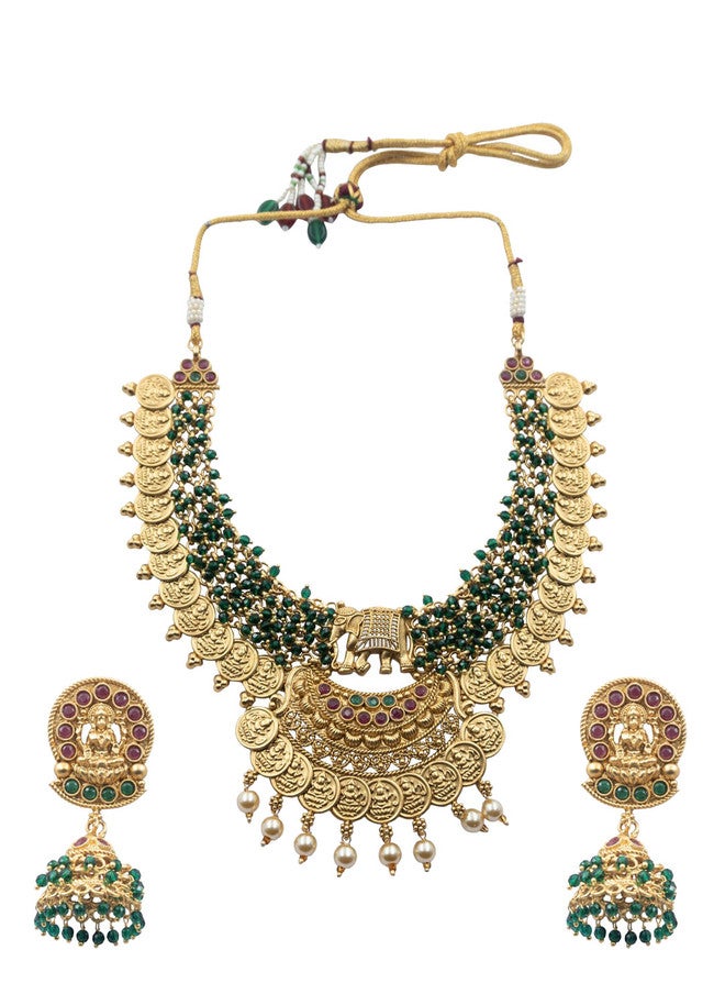StileAdda Gold-Plated Temple Necklace Set with Green Stones and Earrings - Image 2