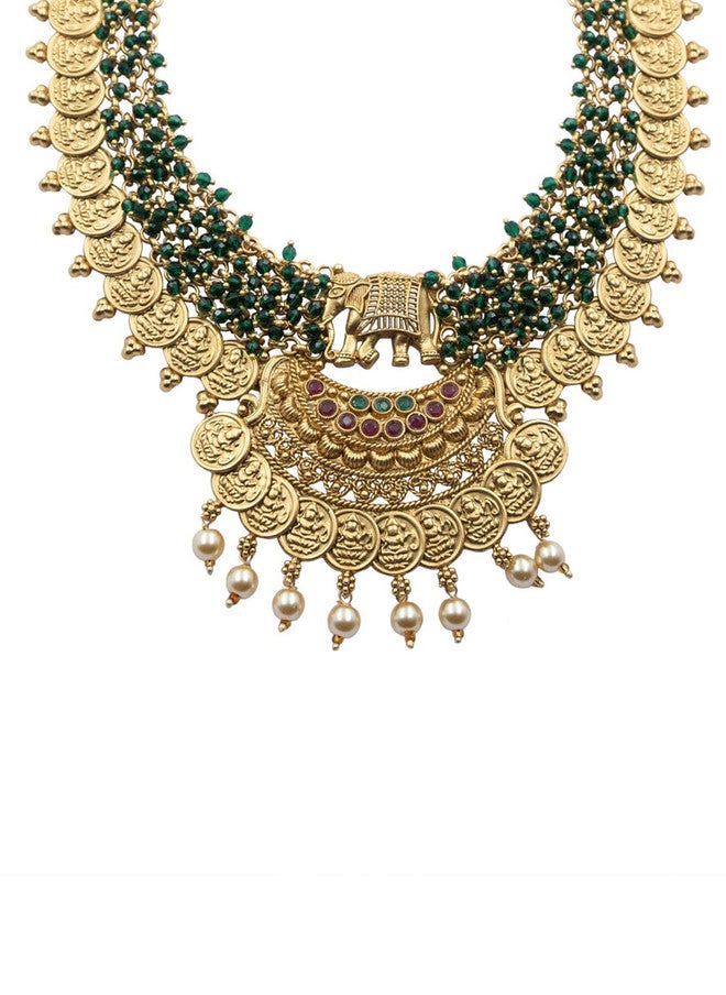 StileAdda Gold-Plated Temple Necklace Set with Green Stones and Earrings - Image 3