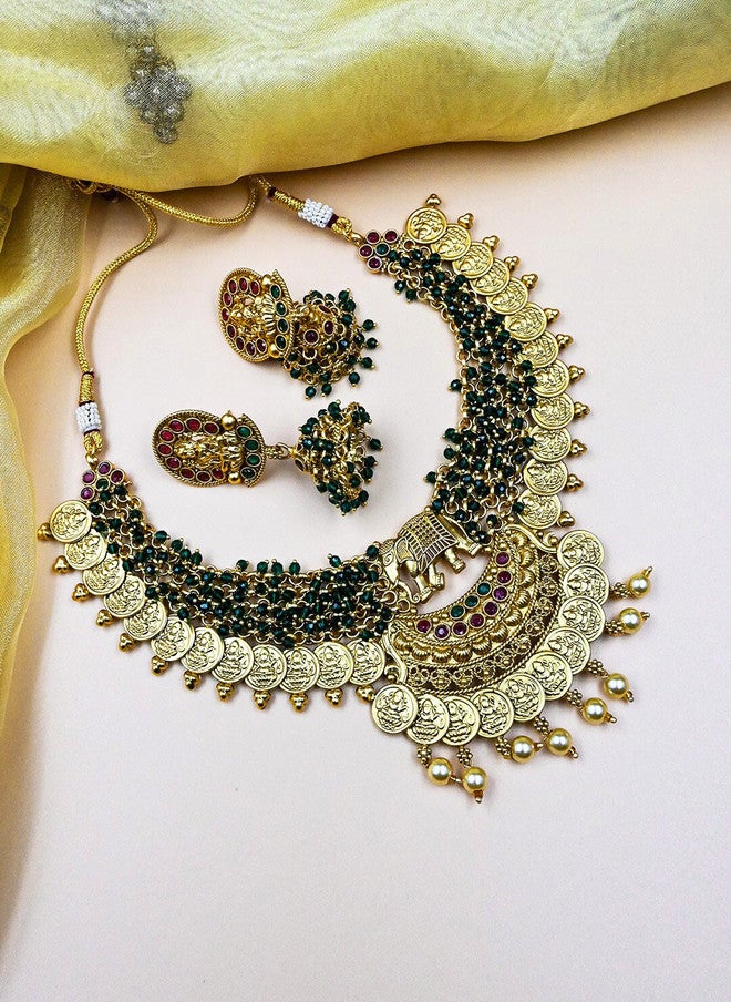StileAdda Gold-Plated Temple Necklace Set with Green Stones and Earrings - Image 1