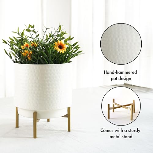 BEHOMA Hammered Metal Indoor Planter for Table Top and Floor | Living Room Drawing Room Balcony Office | Decoration Ideas for Plants | Size Height- 8" x Dia. 6" inch, White (Plants not Included) - Image 3