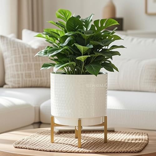 BEHOMA Hammered Metal Indoor Planter for Table Top and Floor | Living Room Drawing Room Balcony Office | Decoration Ideas for Plants | Size Height- 8" x Dia. 6" inch, White (Plants not Included) - Image 1