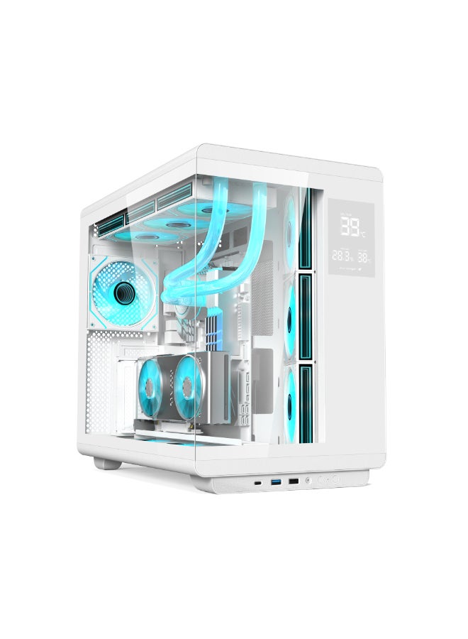 أيسر كيس كمبيوتر U600، كيس كمبيوتر ATX، لوح جانبي من الزجاج المقسّى، شاشة عرض درجة الحرارة، 7 مراوح RGB مثبتة مسبقًا مع ريموت كنترول، هيكل فولاذ SPCC، 3 منافذ USB، كيس ألعاب، لون أبيض - Image 1
