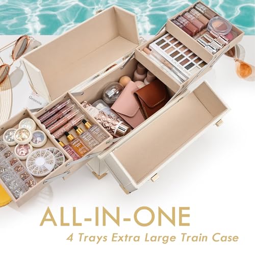 Joligrace Makeup Train Case Large Portable Cosmetic Makeup Storage Box Organizer Lockable with 4 Tray Compartments Retro Champagne Beige Vegan Leather - Image 3