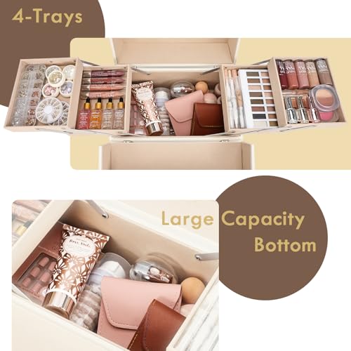 Joligrace Makeup Train Case Large Portable Cosmetic Makeup Storage Box Organizer Lockable with 4 Tray Compartments Retro Champagne Beige Vegan Leather - Image 5