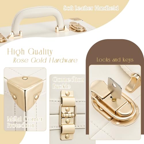 Joligrace Makeup Train Case Large Portable Cosmetic Makeup Storage Box Organizer Lockable with 4 Tray Compartments Retro Champagne Beige Vegan Leather - Image 4