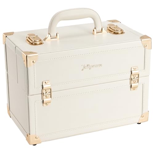 Joligrace Makeup Train Case Large Portable Cosmetic Makeup Storage Box Organizer Lockable with 4 Tray Compartments Retro Champagne Beige Vegan Leather - Image 1