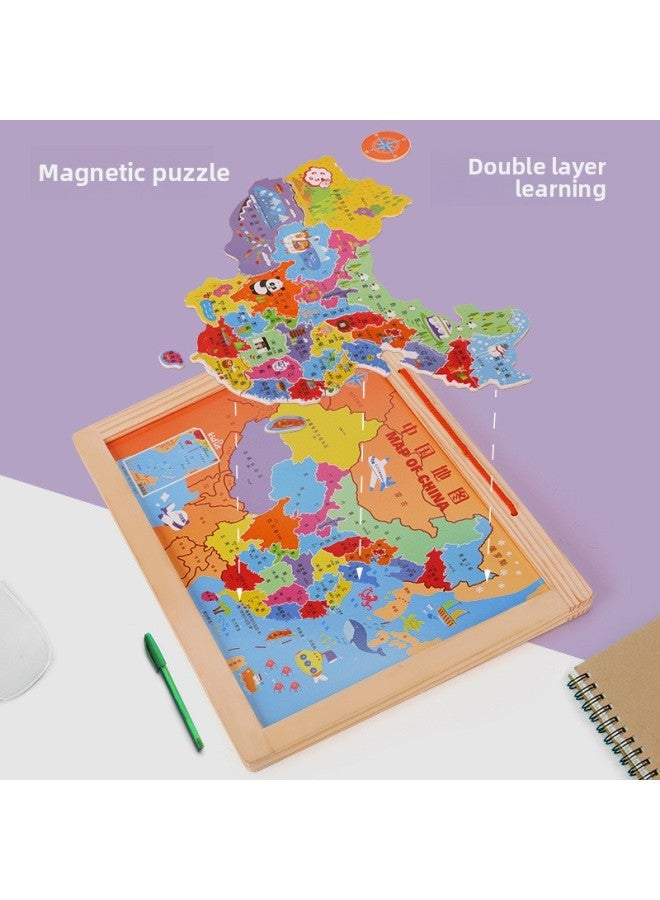 Children's Stitching Wooden Magnetic Two-in-One China Map Magnetic Plane Jigsaw Puzzle Sketchpad Educational Early Education Toys-Color:2-in -1 Magnetic Puzzle-Map - Image 3