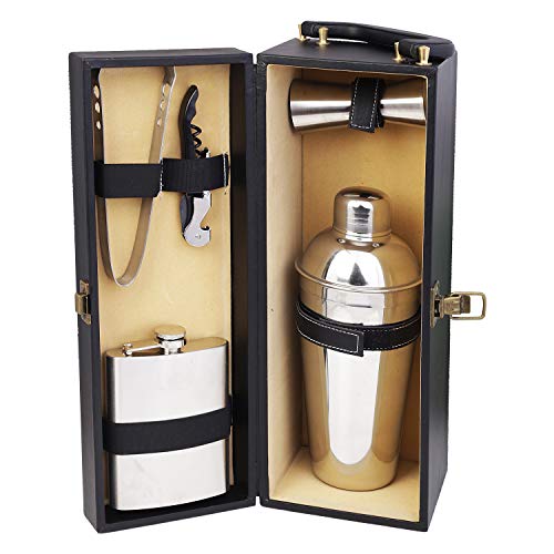 Anything & Everything Travel Bar Set | Portable Leatherette Bar Tool Set | Wine Case | Whisky Case | Wooden Bar Set for Picnic | Portable Bar Accessories Set (Black & Beige) - Image 1