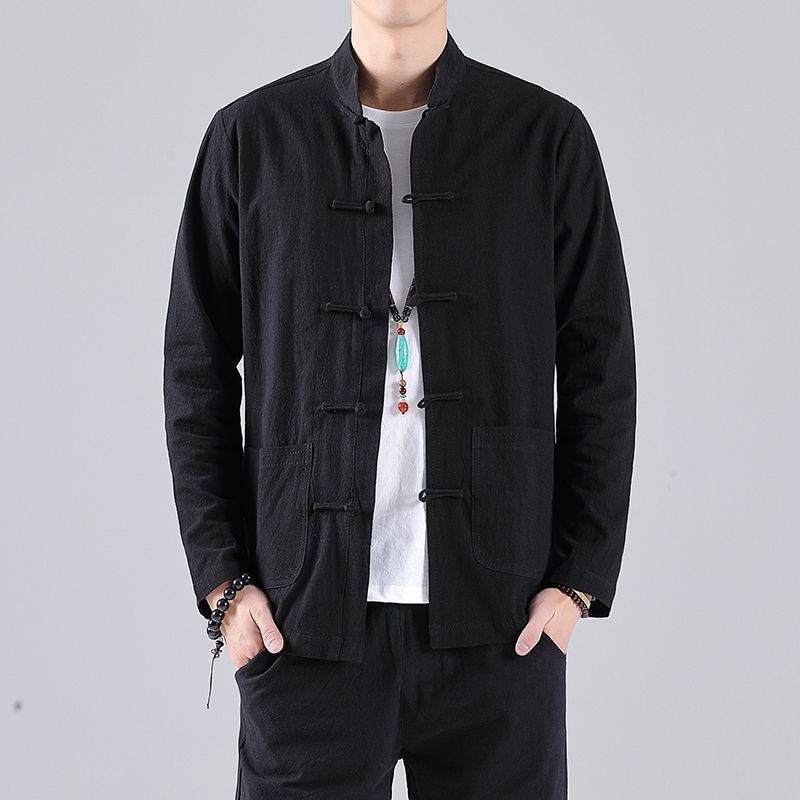 Chinese Style Linen Shirt Mens Retro Jacket black long sleeve 