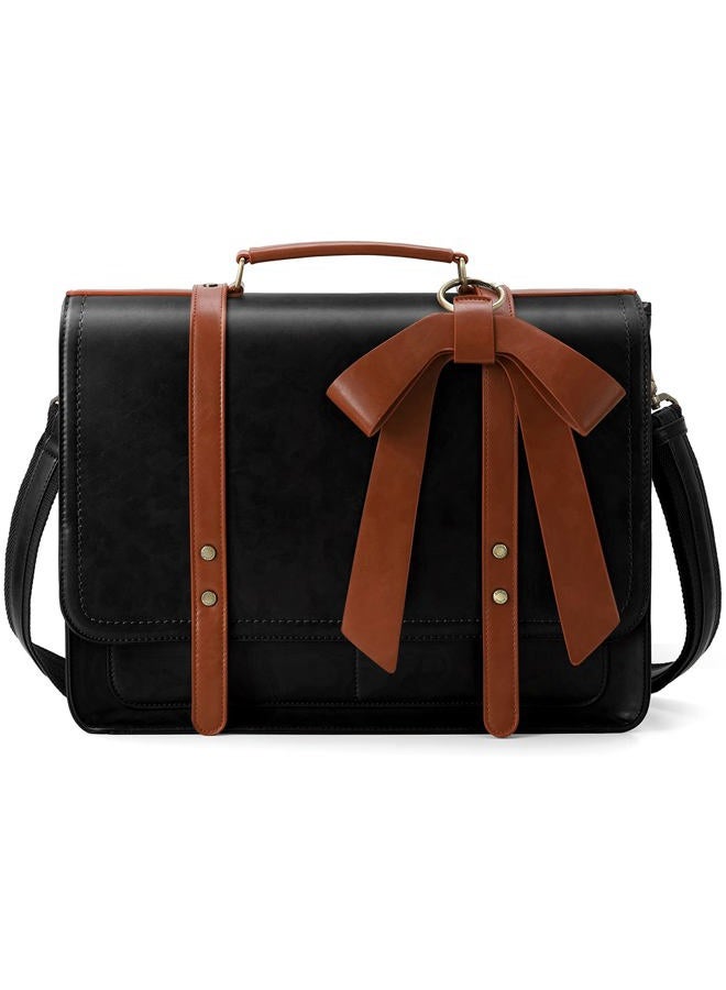 ECOSUSI Women Briefcase PU Leather Laptop Bag College Satchel fit 15.6" Laptop, Black & Brown, 15.6 inch, Detachable - Image 1