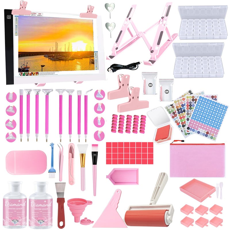 DNSGOOR 186Pcs All Inclusive Diamond Art Accessories Kit Diamond Painting A4 LED Light Pad Set with Diamond Art Sealer Glue Stand Storage Case Pens 5D Painting Tools for DIY Drill Craft - Image 1
