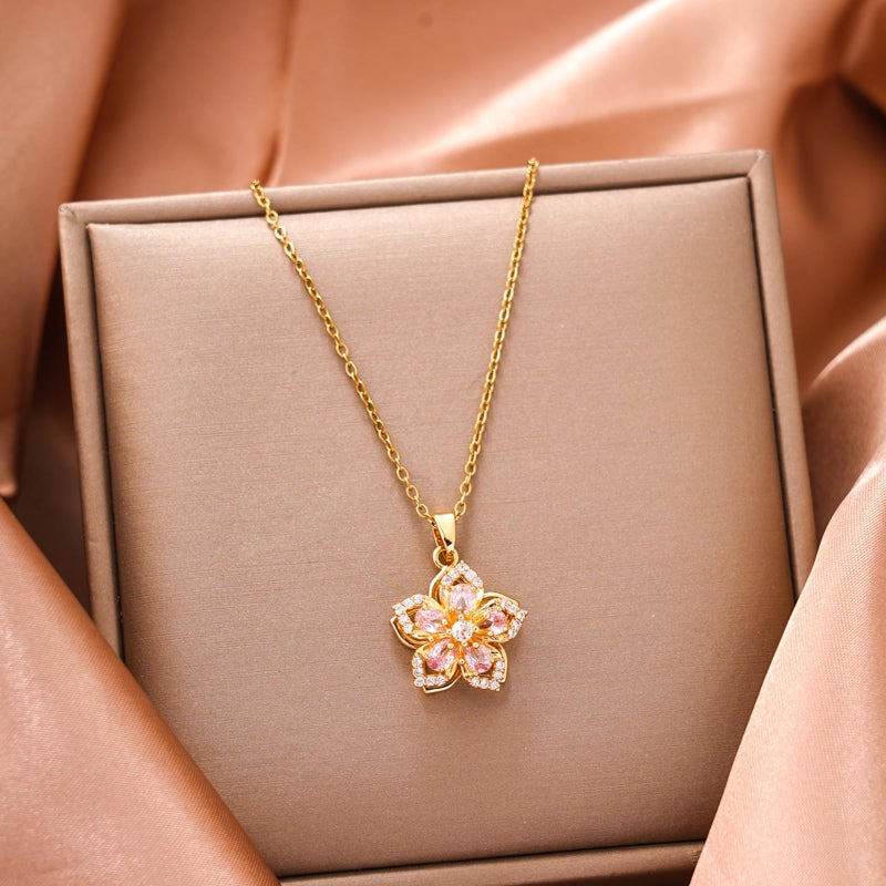 KONPJE Necklace for Women Gold Flower Fidget Necklace Rotatable Crystal Silver Blossom Pendant Necklaces Adjustable Spinning Fidget Necklaces Redbud Flower Choker Funny Gift Jewelry(gold pink - Image 4