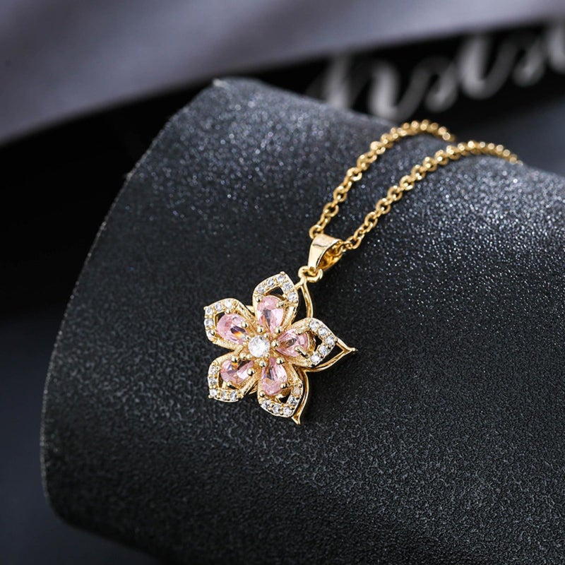 KONPJE Necklace for Women Gold Flower Fidget Necklace Rotatable Crystal Silver Blossom Pendant Necklaces Adjustable Spinning Fidget Necklaces Redbud Flower Choker Funny Gift Jewelry(gold pink - Image 5