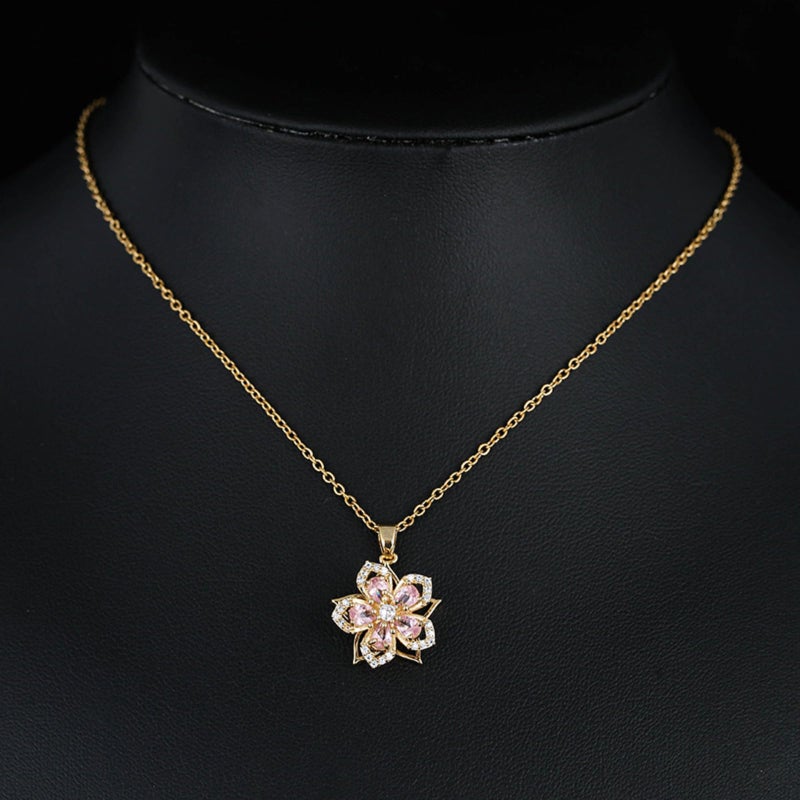 KONPJE Necklace for Women Gold Flower Fidget Necklace Rotatable Crystal Silver Blossom Pendant Necklaces Adjustable Spinning Fidget Necklaces Redbud Flower Choker Funny Gift Jewelry(gold pink - Image 2