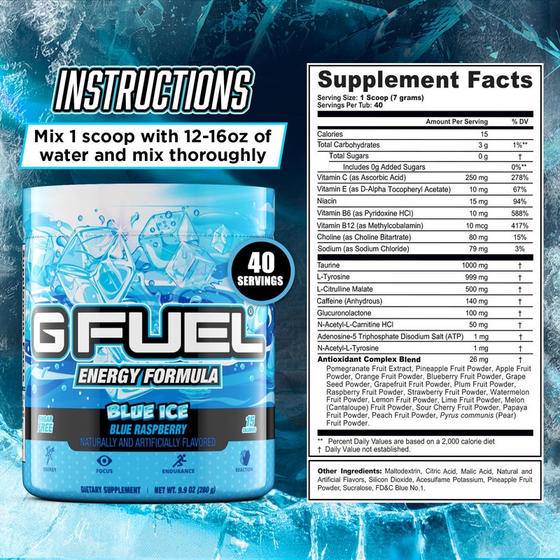 G Fuel Blue Ice Energy Drink Powder, Pre Workout Caffeine Mix for Gaming, Sugar Free Focus Amino, Vitamin + Antioxidants, 9.9oz (Blue Raspberry, 40 Servings) - Image 3