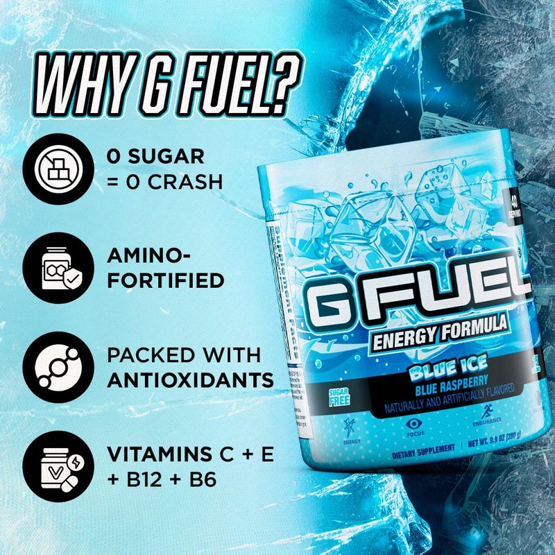 G Fuel Blue Ice Energy Drink Powder, Pre Workout Caffeine Mix for Gaming, Sugar Free Focus Amino, Vitamin + Antioxidants, 9.9oz (Blue Raspberry, 40 Servings) - Image 5