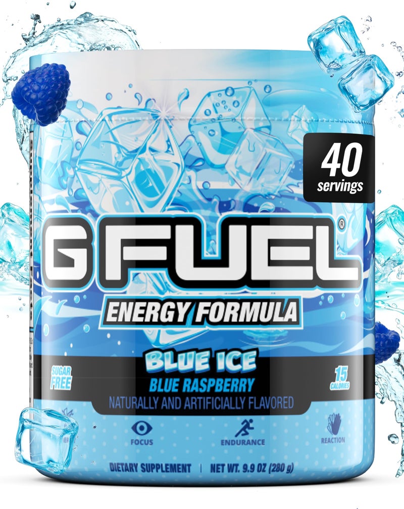 G Fuel Blue Ice Energy Drink Powder, Pre Workout Caffeine Mix for Gaming, Sugar Free Focus Amino, Vitamin + Antioxidants, 9.9oz (Blue Raspberry, 40 Servings) - Image 1