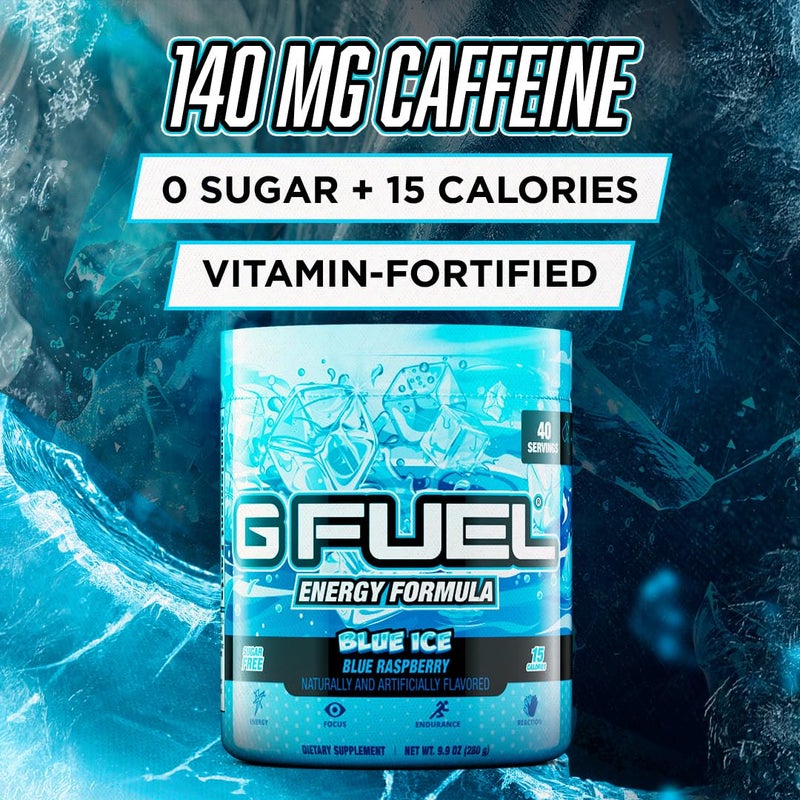 G Fuel Blue Ice Energy Drink Powder, Pre Workout Caffeine Mix for Gaming, Sugar Free Focus Amino, Vitamin + Antioxidants, 9.9oz (Blue Raspberry, 40 Servings) - Image 2