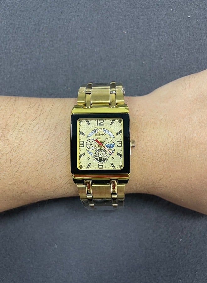 SENO Square Hollow-Out Gold Dial, Fully Automatic Waterproof Luminous Quartz Men's Business Watch with Gold Alloy Strap - Image 4